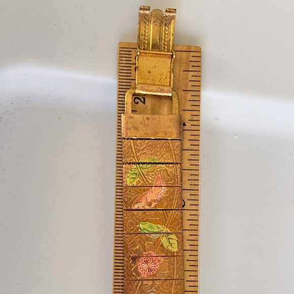 1950s Tri-Gold Tone Floral Etched Panel on Mesh Bracelet 7" Pink Green Vintage - Picture 10 of 14